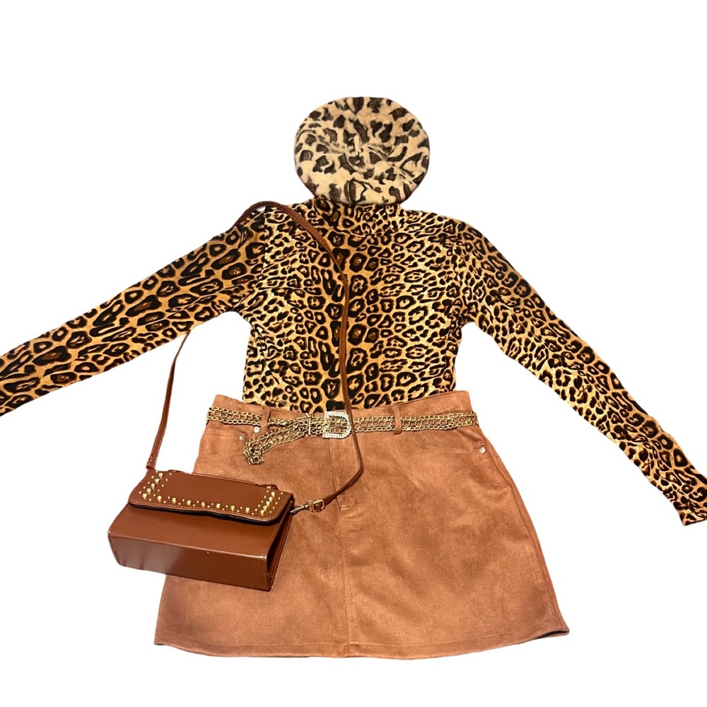 Leopard Print Top and Brown Skirt Set